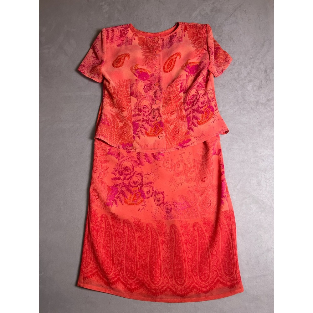 Plaza South Womens Coral Pink Paisley Floral 2Piece Skirt Set Size 4 Button Back